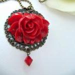 Vintage Style Red Flower Necklace,..