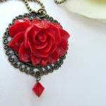 Vintage Style Red Flower Necklace,..