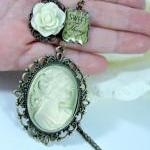 Large Green Cameo Necklace, Charm, Vintage Style,..