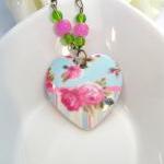Porcelain Pink Heart Necklace, Vintage Style,..