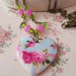 Porcelain Pink Heart Necklace, Vintage Style,..