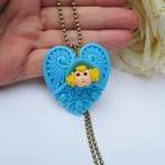 Cute Large Blue Heart Necklace, Girly, Cute..
