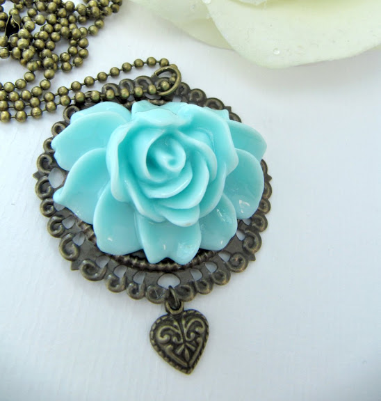 Vintage Style Blue Flower Necklace, Turquoise, Romantic Jewelry
