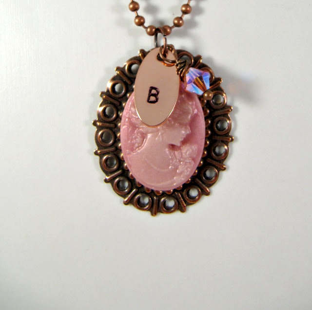 Hand Stamped Pink Cameo Initial Necklace, Personalized, Romantic Jewelry, Mother's Day