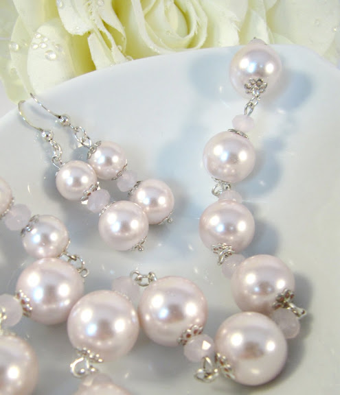 Romantic Pink Pearl Necklace And Matching Pink Earrings, Romantic Jewelry