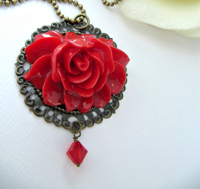Vintage Style Red Flower Necklace, Mother's Day, Romantic Jewelry