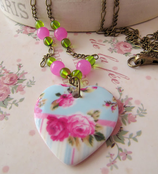 Porcelain Pink Heart Necklace, Vintage Style, Romantic Jewelry