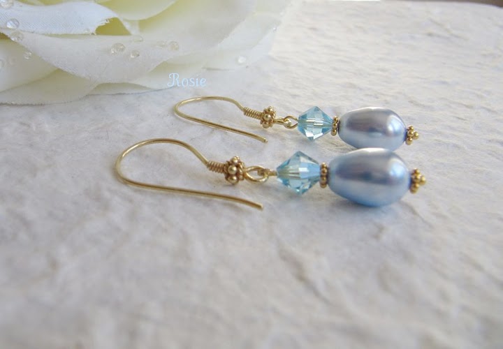 Blue Gold Earrings, 24k Gold Vermeil, , Swarovski Pearl, Crystals, Dangle