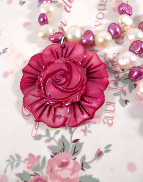 Sterling Silver Jewelry Set. Fuchsia Pearl Necklace And Matching Earrings, Flower, Romantic Jewelry