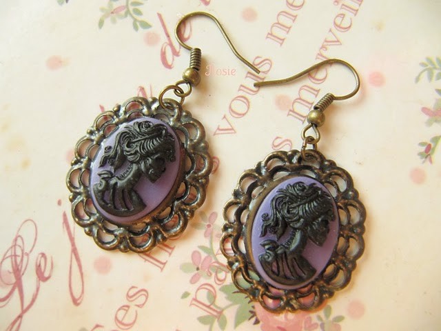 Purple Earrings, Skeleton Goddess Cameo, Gothic