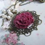 Deep Pink Long Flower Necklace And Matching Pearl..