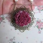 Deep Pink Long Flower Necklace And Matching Pearl..